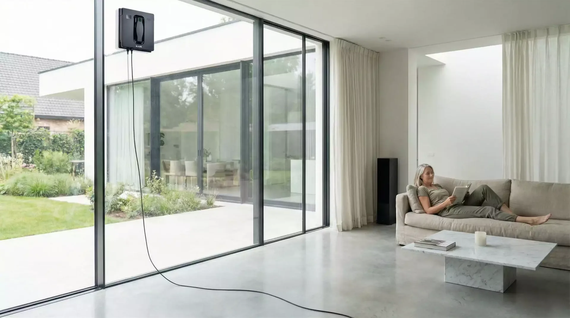 Robot lave-vitre ELKIOS One PRO nettoyant une grande baie vitrée dans un salon moderne