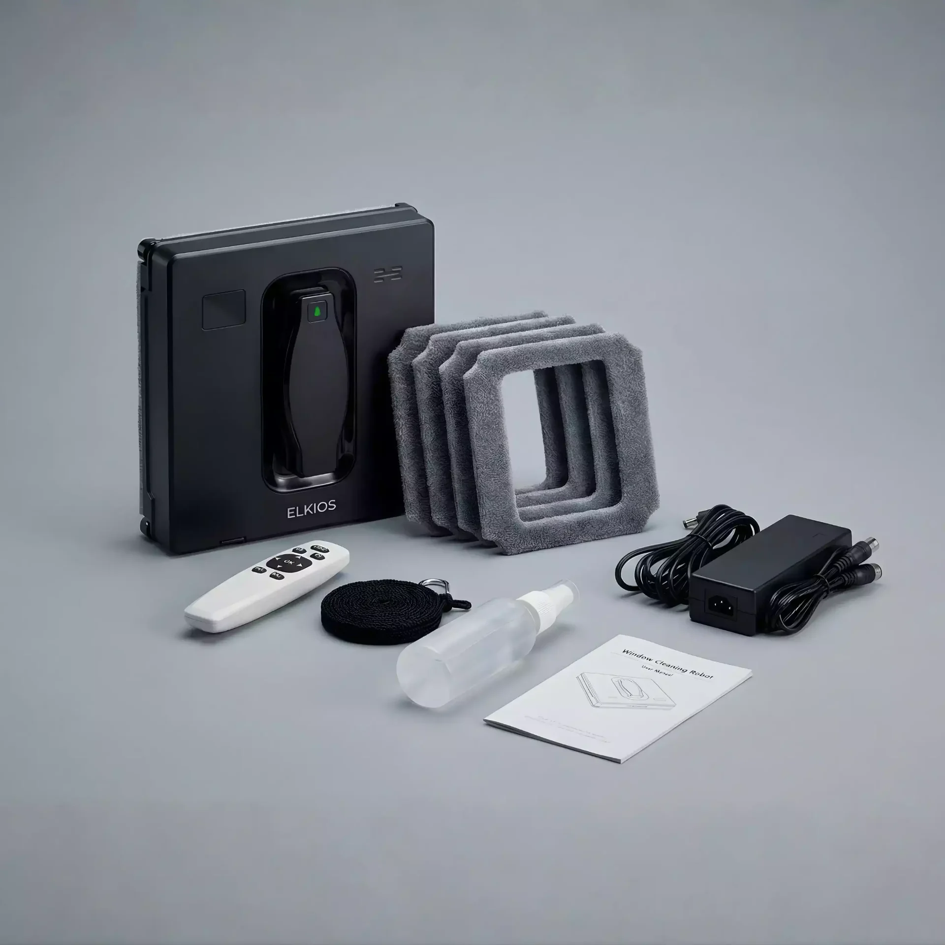 Robot lave-vitre ELKIOS One PRO avec télécommande, lingettes microfibres, câble et accessoires