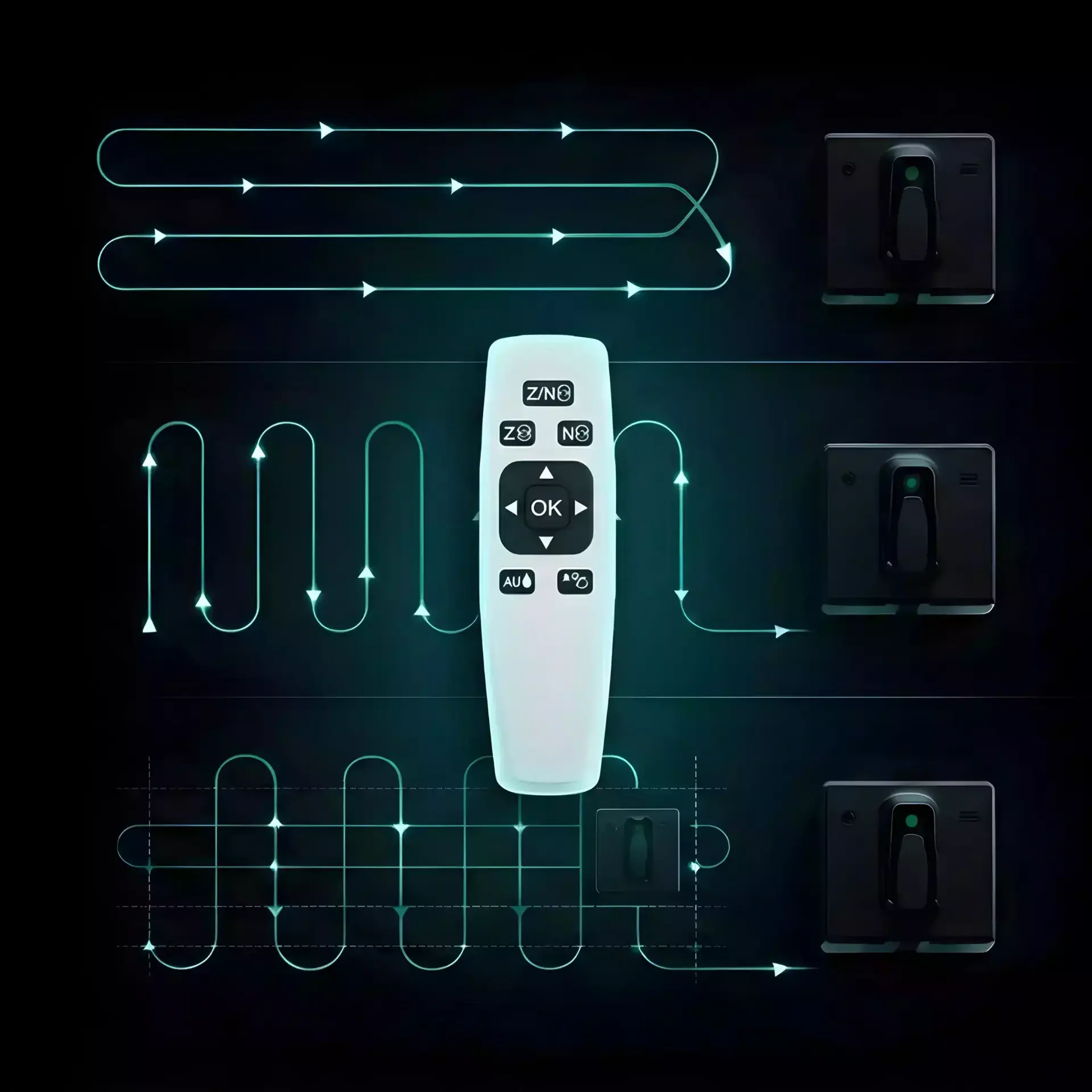 Télécommande ergonomique du robot laveur de vitre ELKIOS One PRO permettant de sélectionner les programmes automatiques et le contrôle manuel